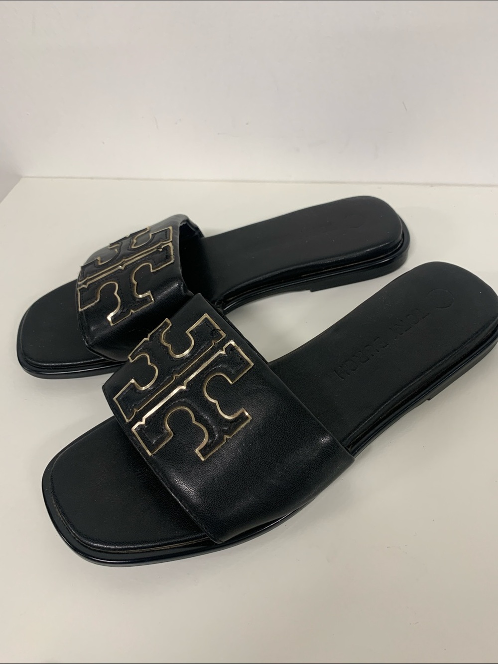 Tory Burch Black Slides with Gold Logo - Picture 3 of 6